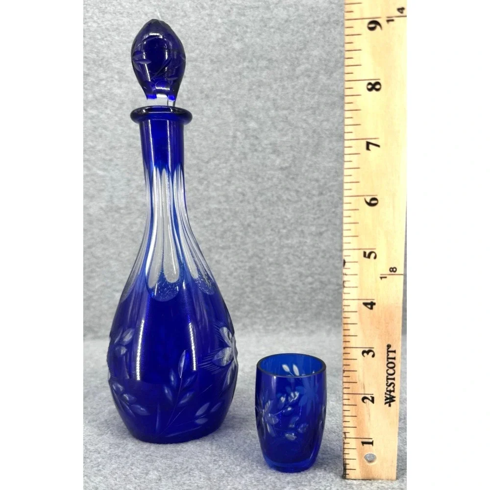 Vintage Bohemian Cobalt Blue Cut Glass Decanter w Stopper & Matching Cordial Gla